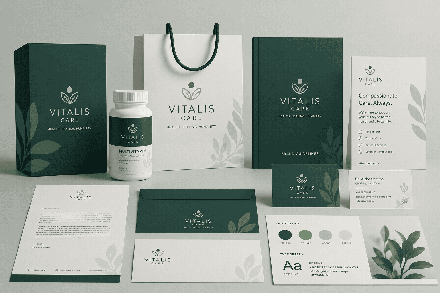 Vitalis Care branding materials arranged neatly.