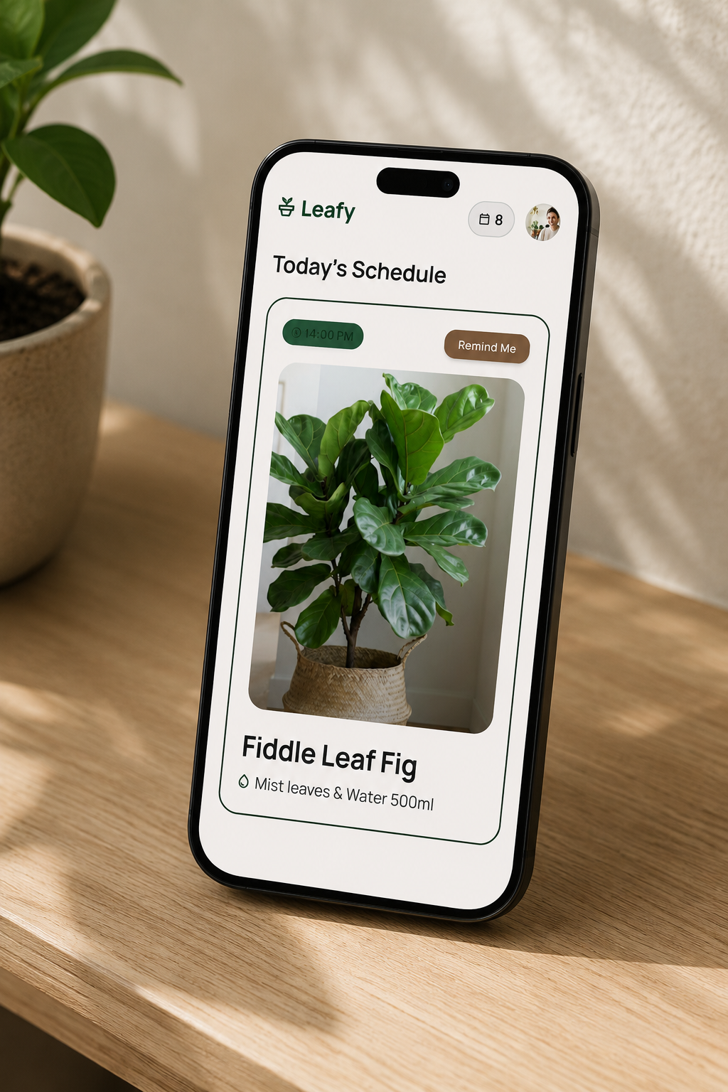 Phone displaying Fiddle Leaf Fig care schedule.