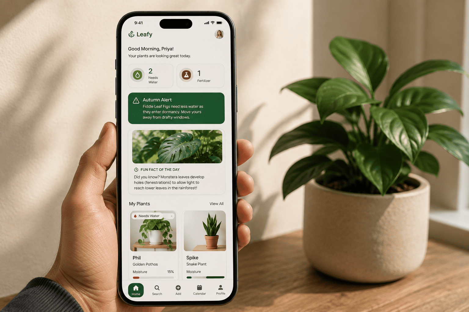Hand holding smartphone displaying plant care app.