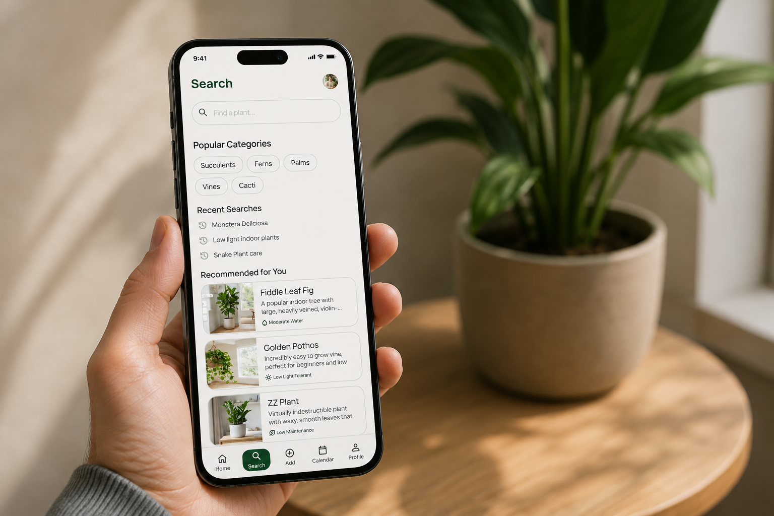Hand holding smartphone with plant app open.