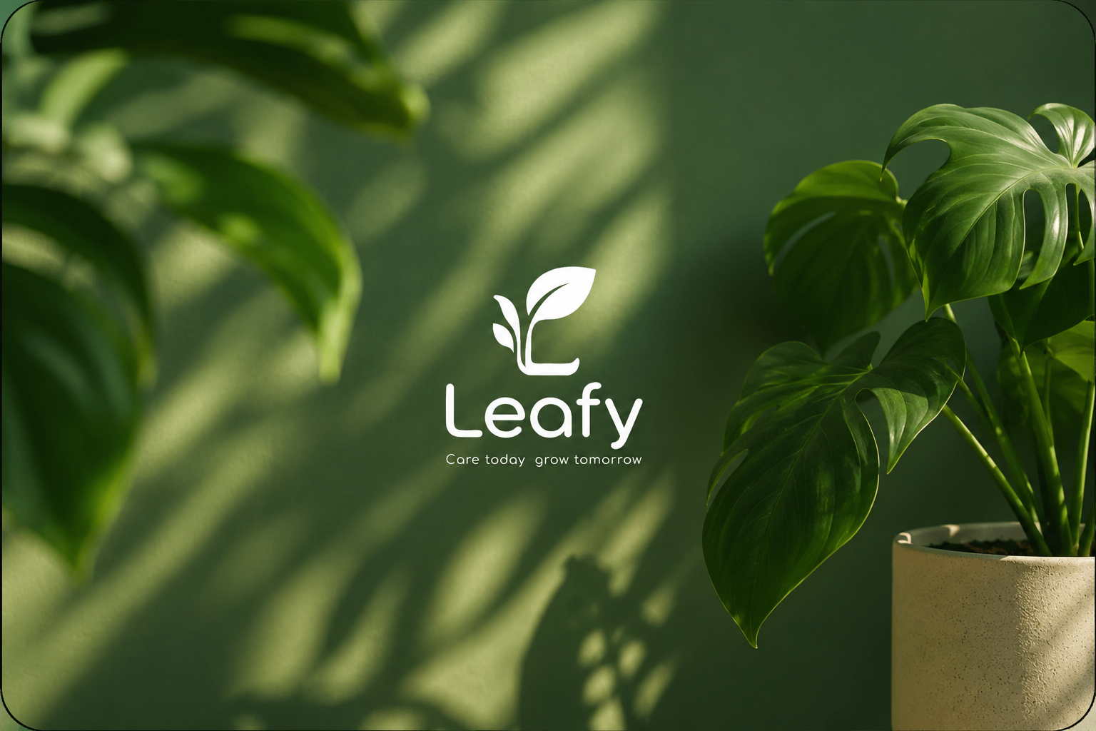 Leafy logo with green plant background.