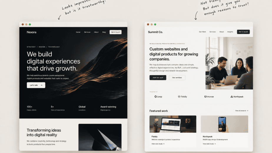 Two business websites compared for visual appeal and trustworthiness
