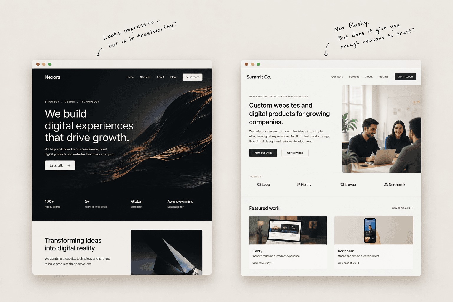 Two business websites compared for visual appeal and trustworthiness